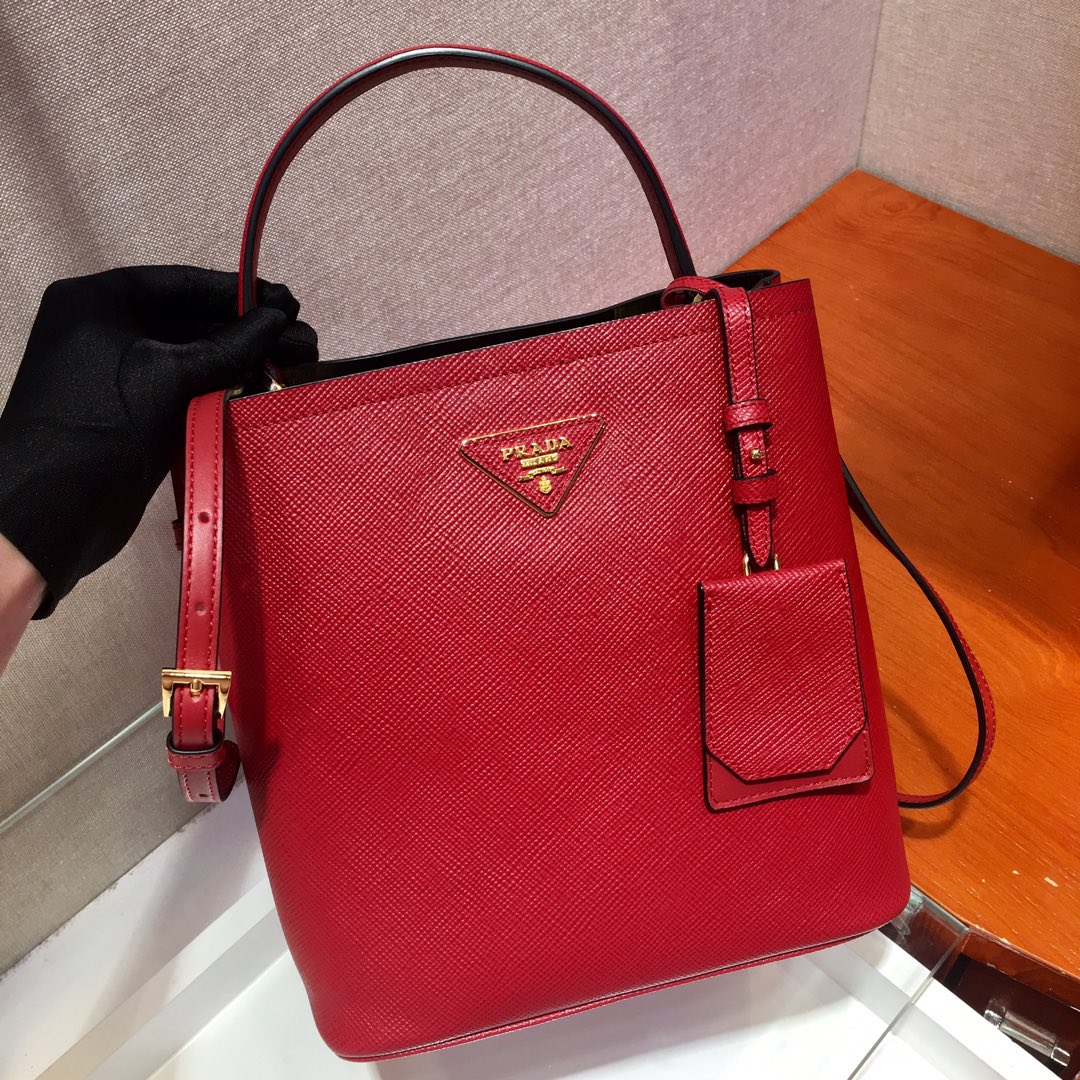 Prada Medium Panier Saffiano Leather Bag Fiery Red/Black 1BA212